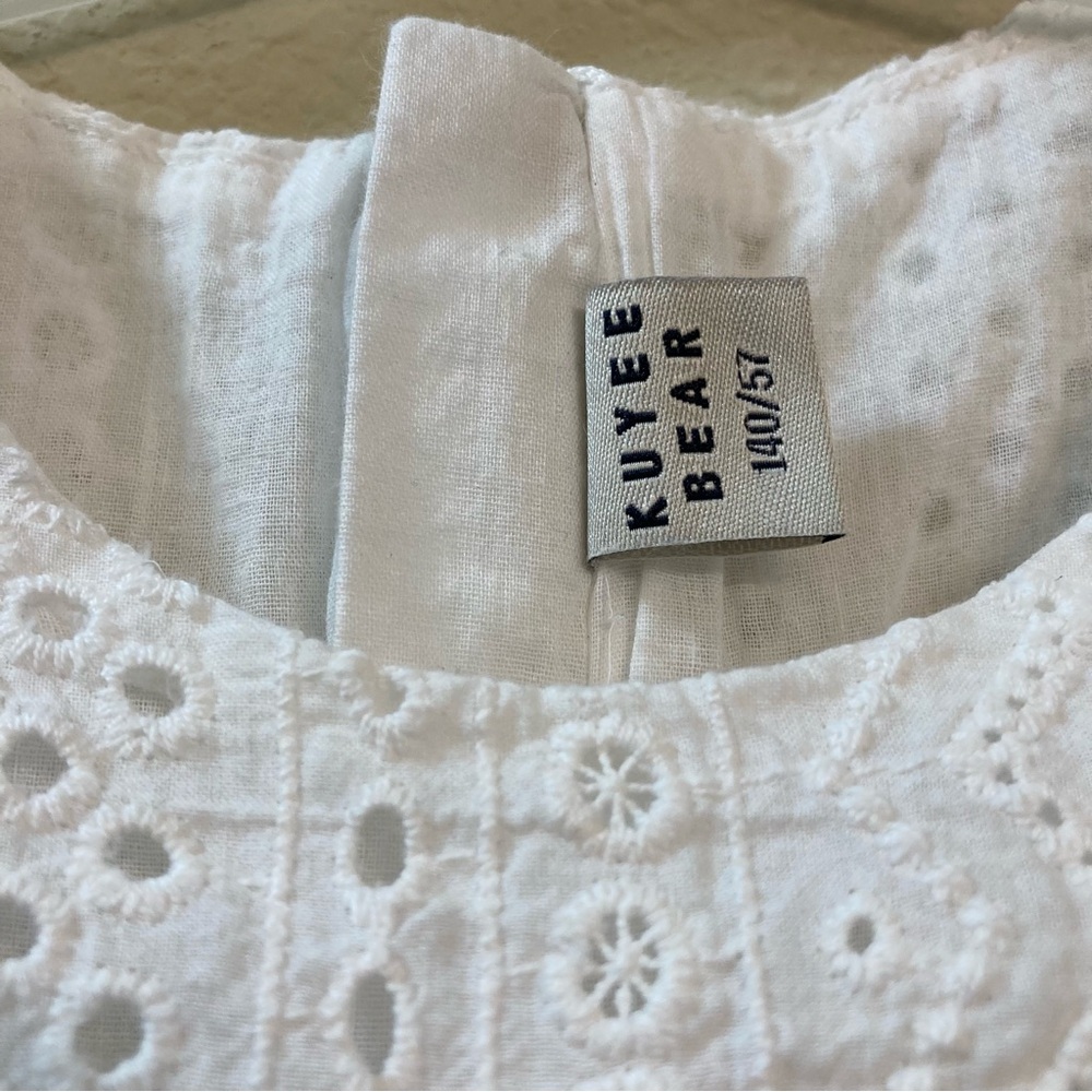 Kuyee Bear White Eyelet Girl’s Dress Navy Trim Size 140/57 Cottagecore Coquette - Picture 3 of 8